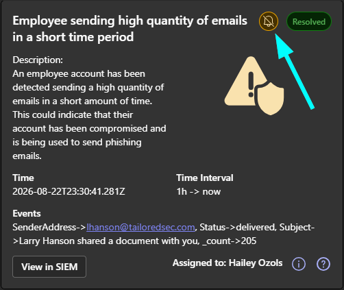 Resolved alert with assignee