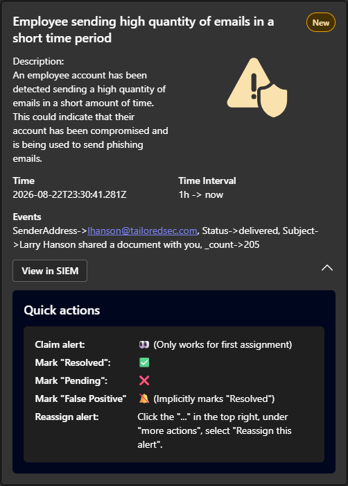 An example of the alert with the "quick actions" menu expanded
