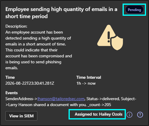 Pending alert with assignee