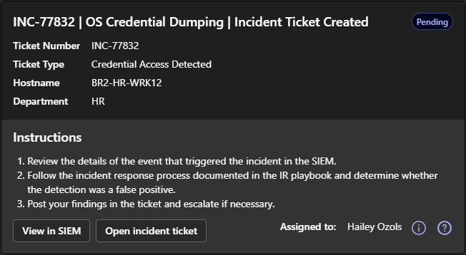 Security incident card example